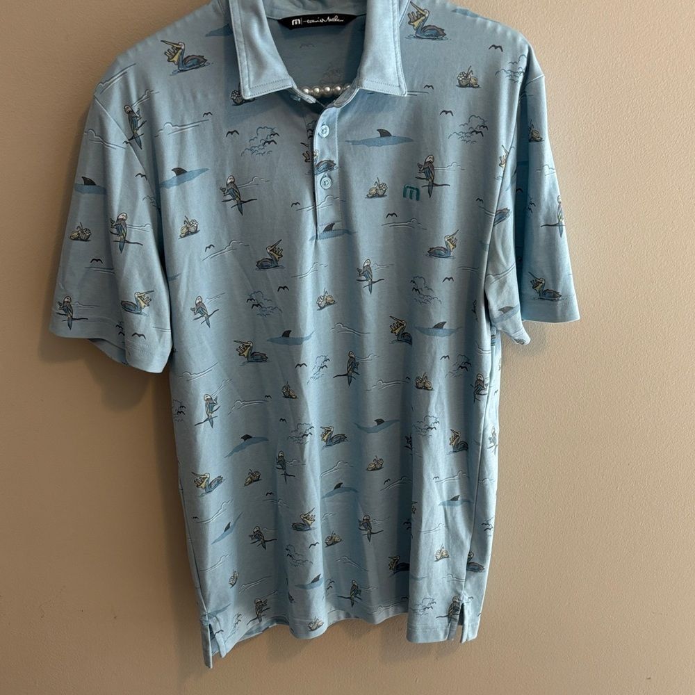 Travis Mathew Shirt Men medium Going Rogue Polo Island Pelican Parrots Blue